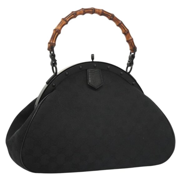 GUCCI GG Canvas Bamboo Push Lock Hand Bag Black - Picture 1 of 14